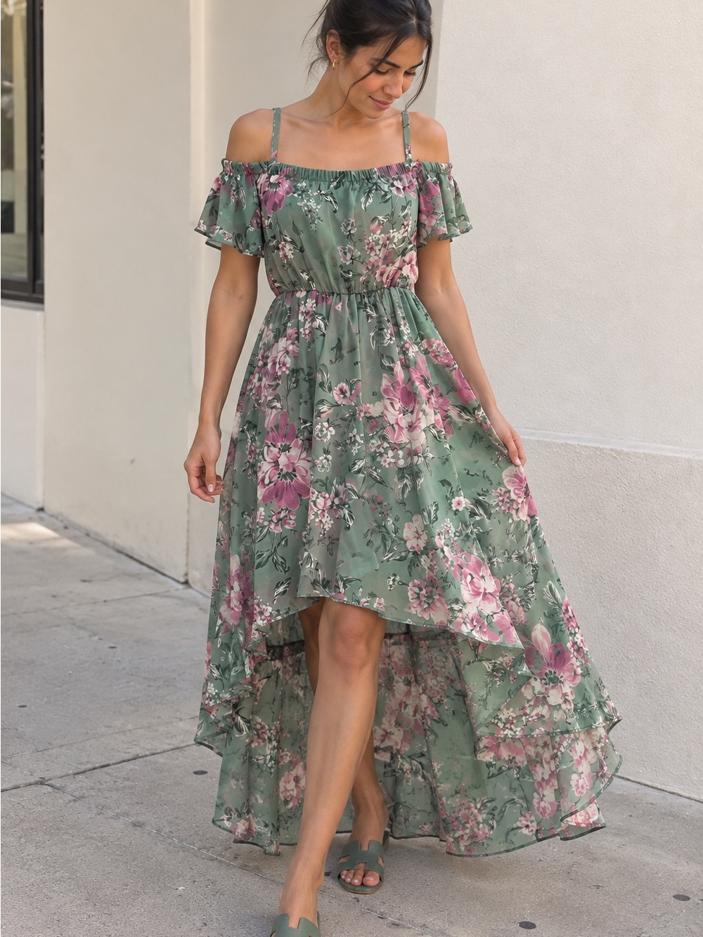 Floral High Low Maxi Dress Off Shoulder A.U.W Size M